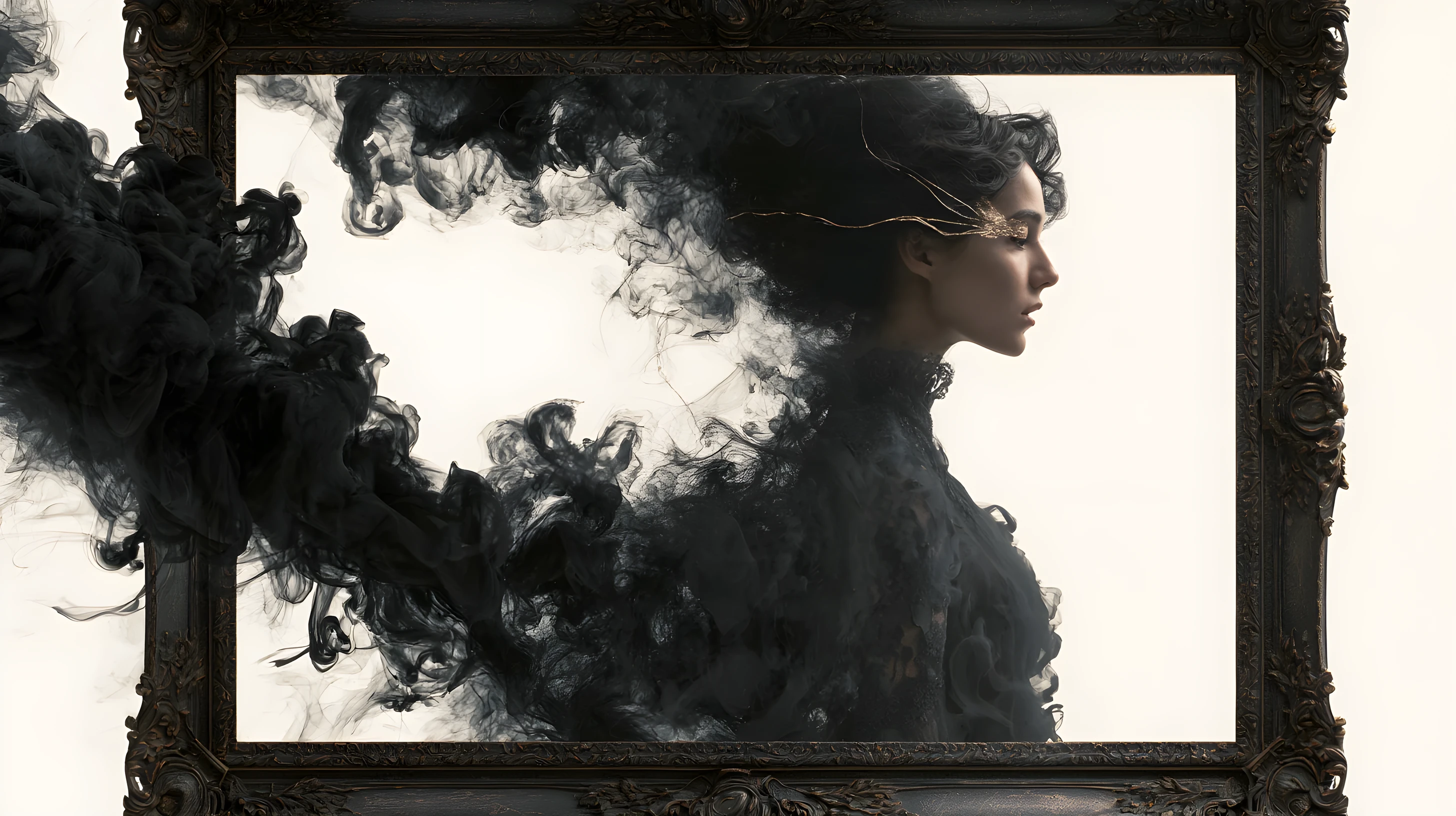 A gothic woman's profile framed by baroque ornament and escaping ink smoke