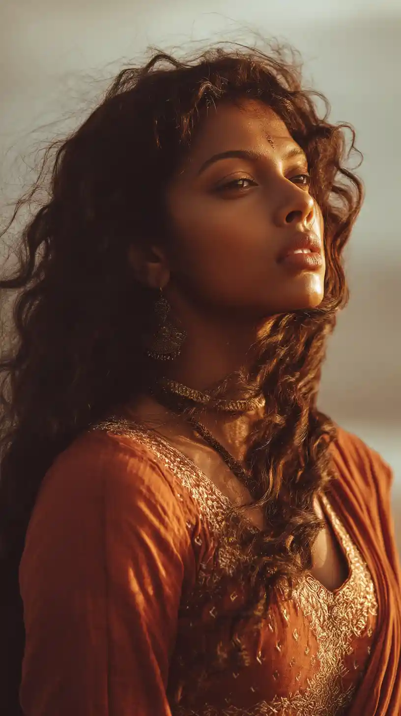 An Indian goddess-like woman with glowing amber hair