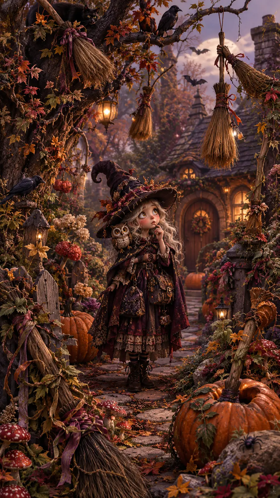 A tiny witch searches among misplaced brooms in a cottage garden