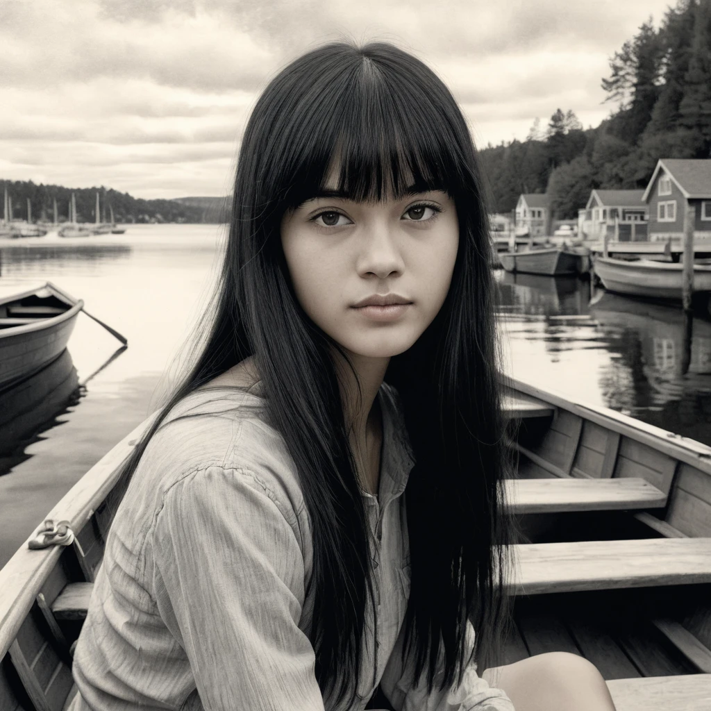 A Woman Sits In A Wooden Rowboat At A Calm Marina