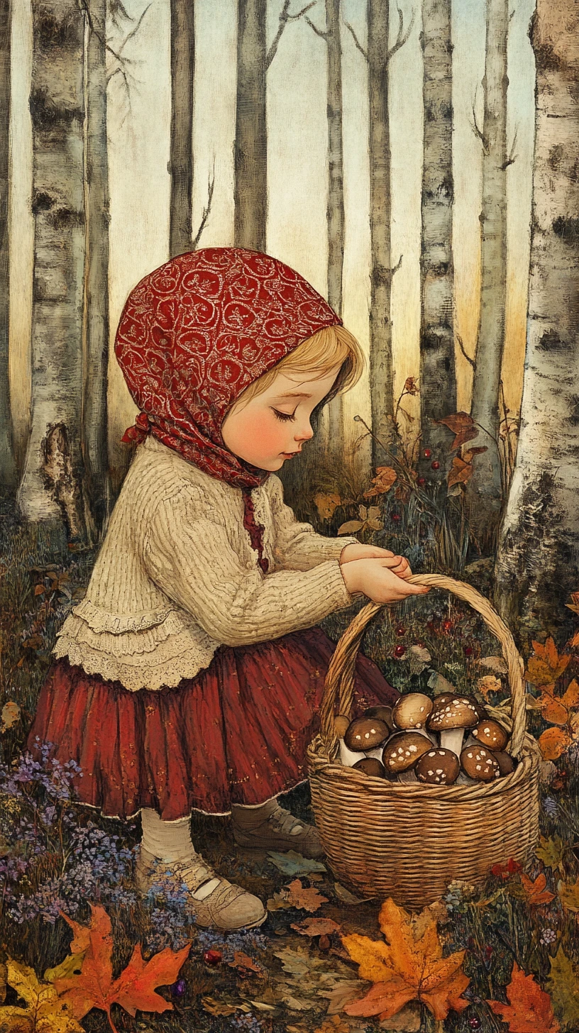 Una ragazza raccoglie funghi lungo un sentiero nel bosco in autunno