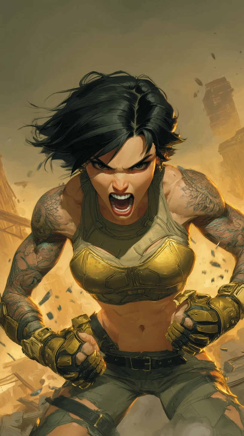 A muscular warrior woman readies for combat in a ruined city