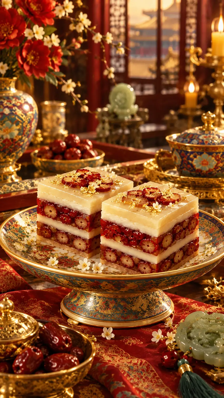Layered jujube cake arranged on ornate porcelain at a palace banquet
