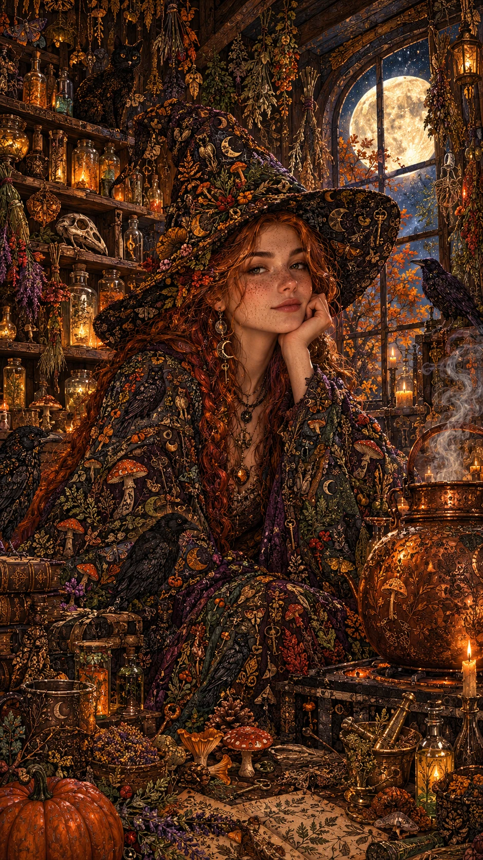 A hedge witch among glowing bottles in a woodland apothecary