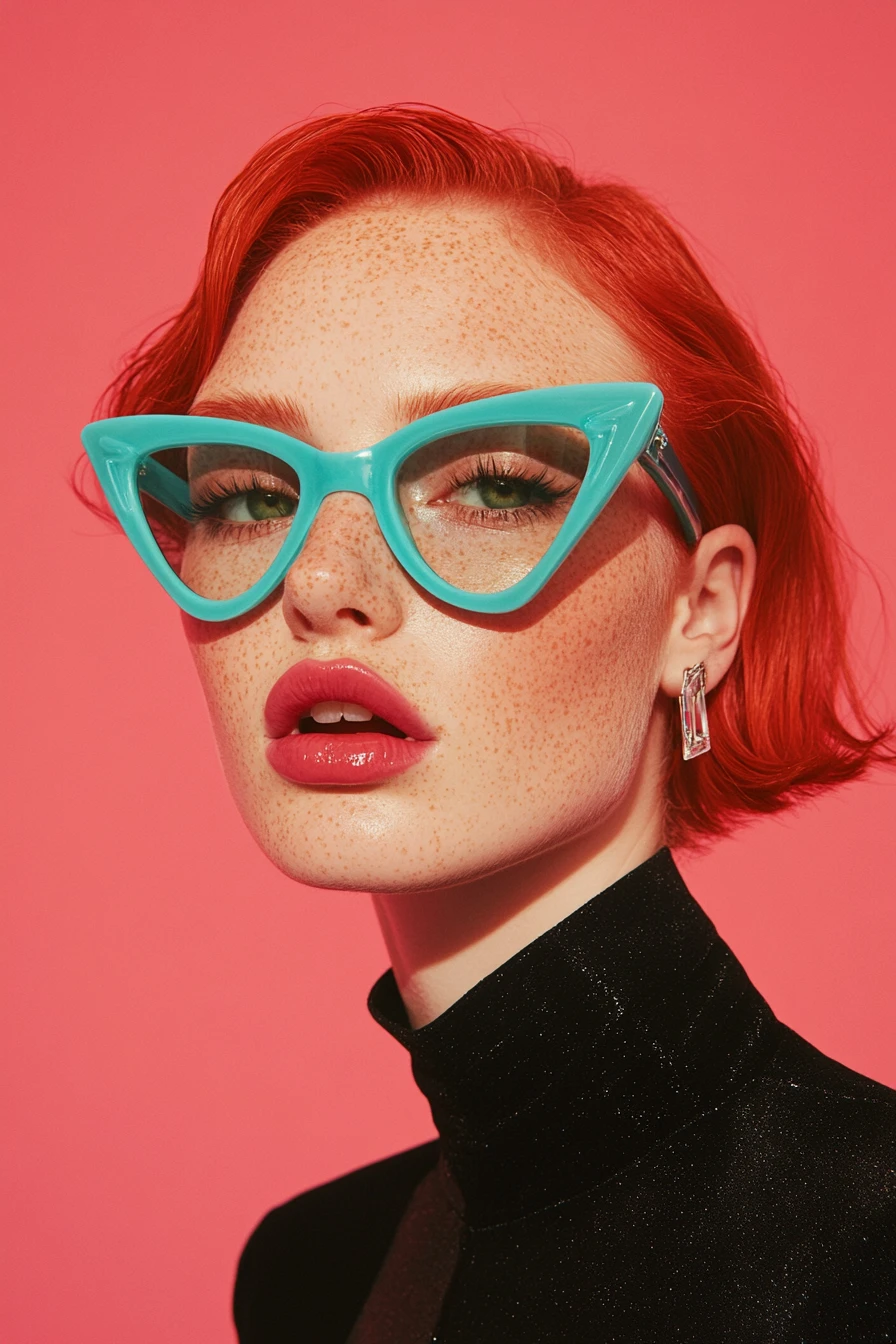 A Fashion Model Poses In Cyan Cat Eye Sunglasses Against Fuchsia