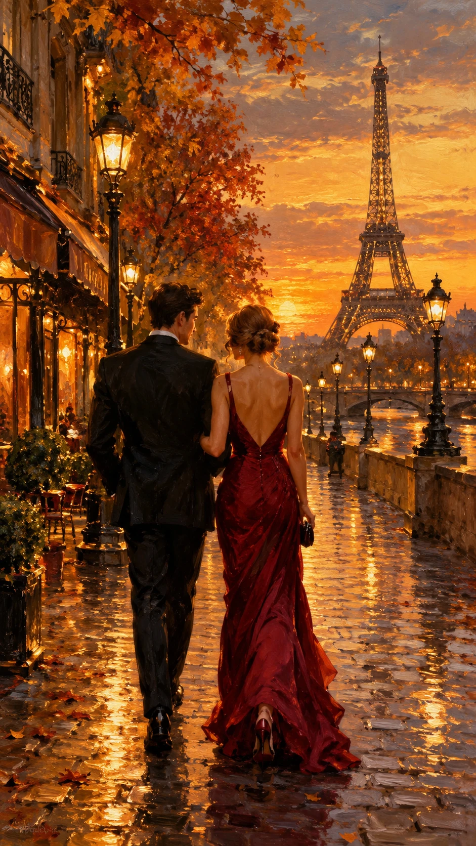 A couple strolls through Paris beneath the distant Eiffel Tower