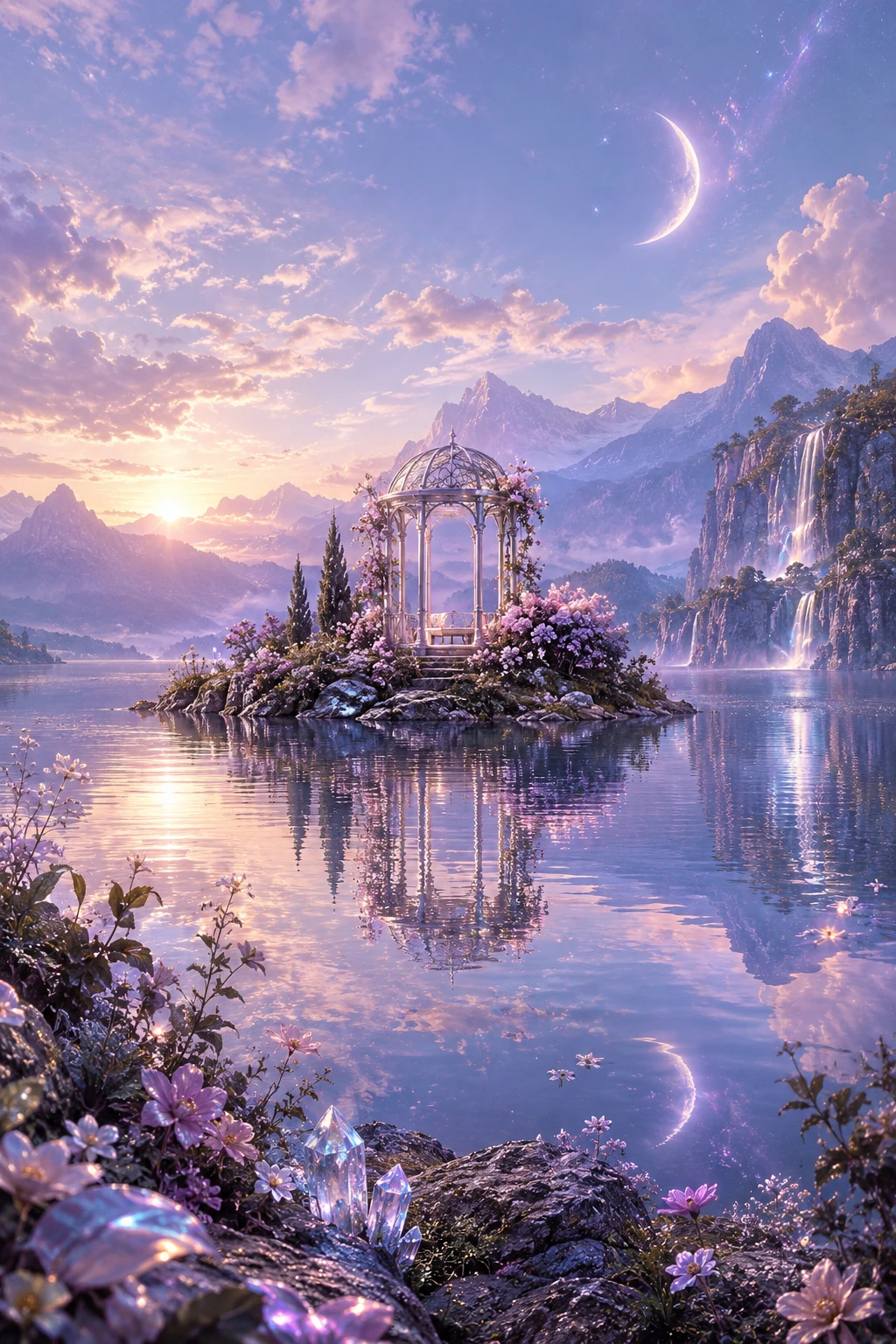 A serene lilac dreamscape with delicate flowers and bioluminescent light