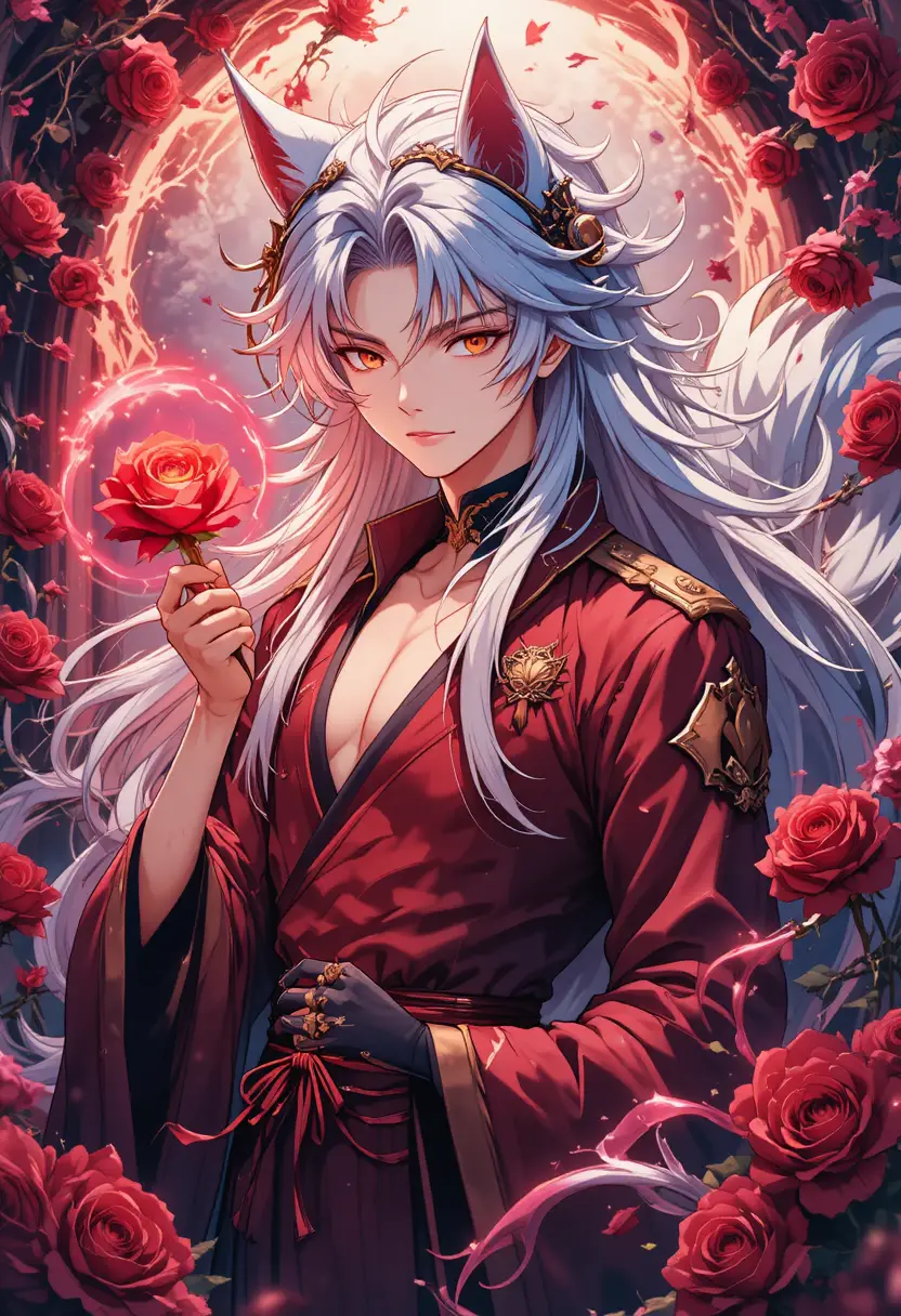 Yoko Kurama holds a glowing red rose amid swirling thorns and blooms