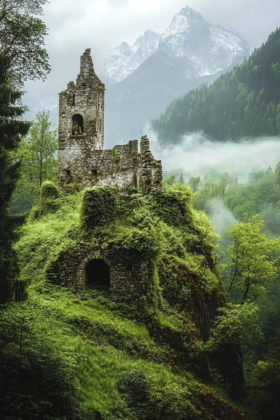A medieval castle ruin rises above a misty forested hill