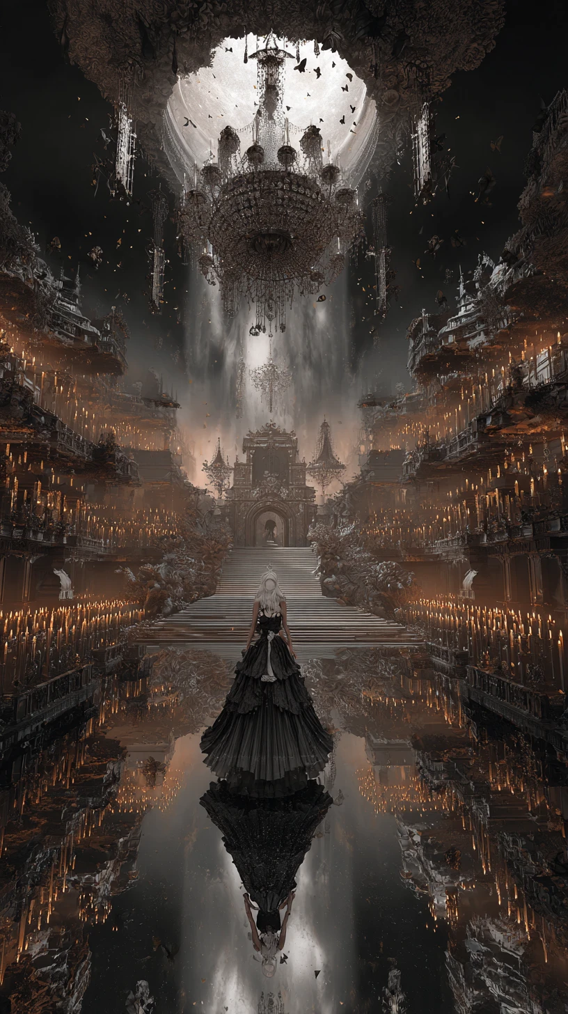 An abandoned Victorian ballroom floats upside down above a black ocean