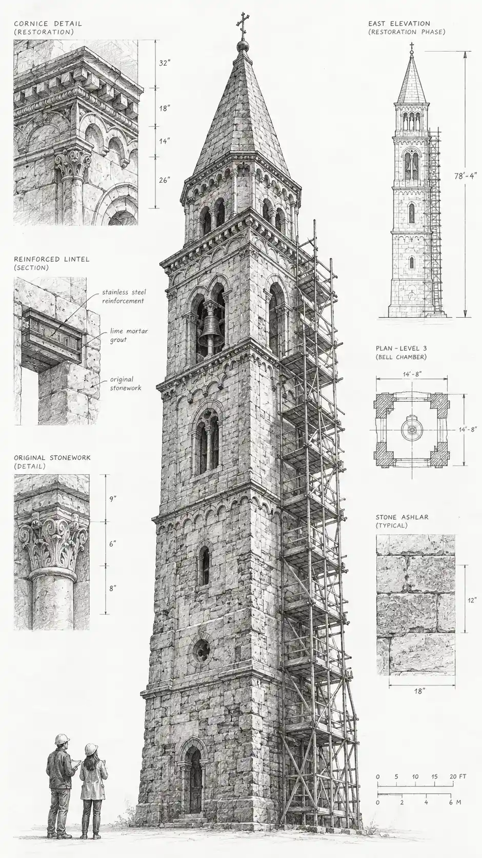 Un campanile in pietra sottoposto a un accurato restauro in uno schizzo architettonico