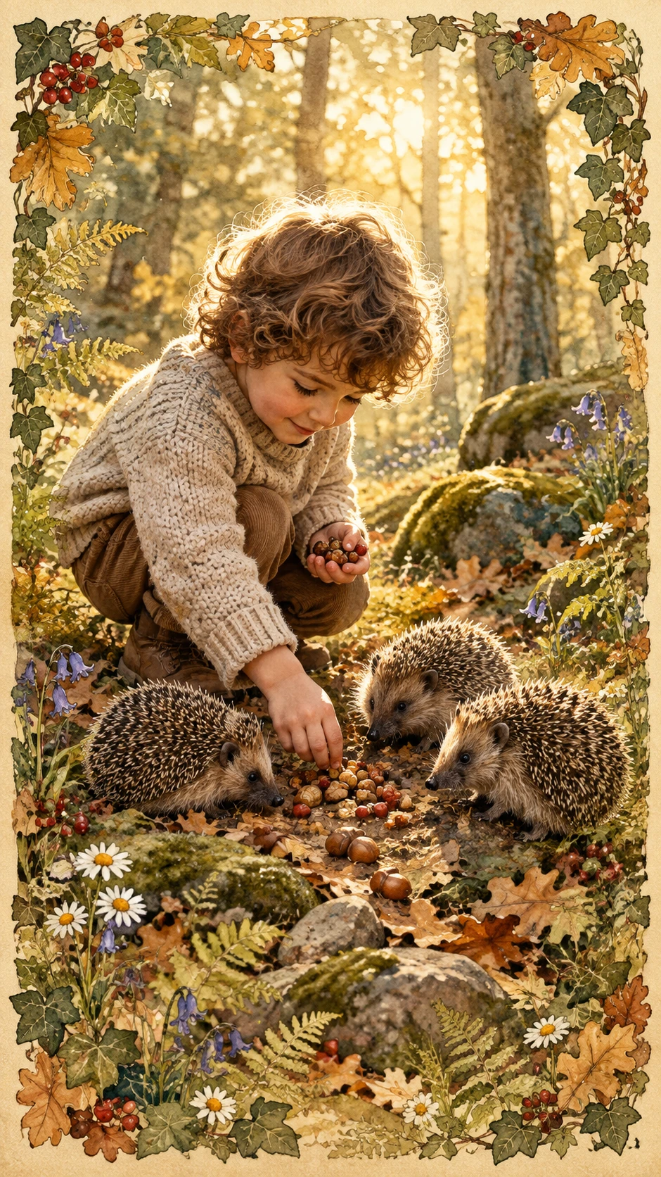 A child feeds curious hedgehogs in a sunlit autumn woodland glade