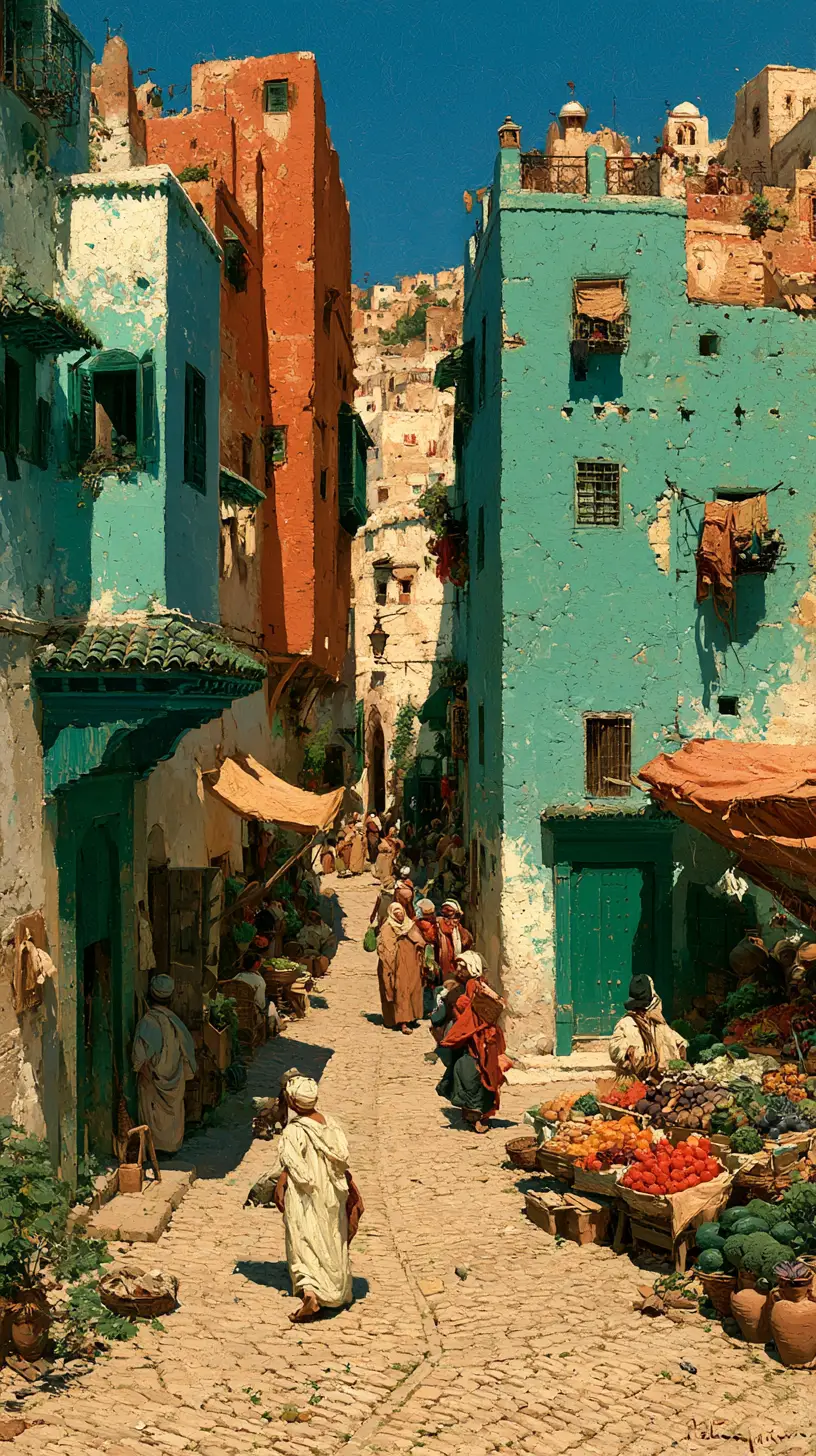 Scena di strada ad Algeri nel XIX secolo, con passanti e un venditore di frutta e verdura