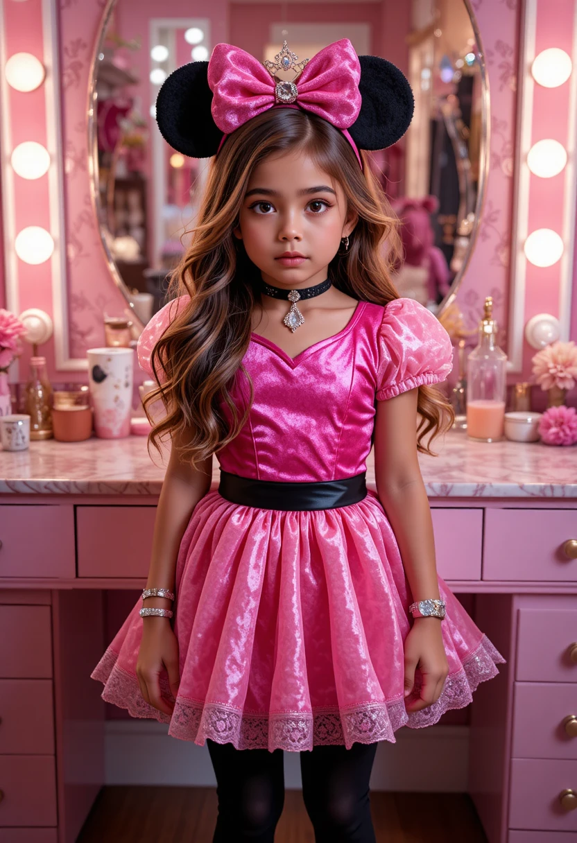 A Nervous Boy Pouts in a Princess Minnie Mouse Costume by a Vanity