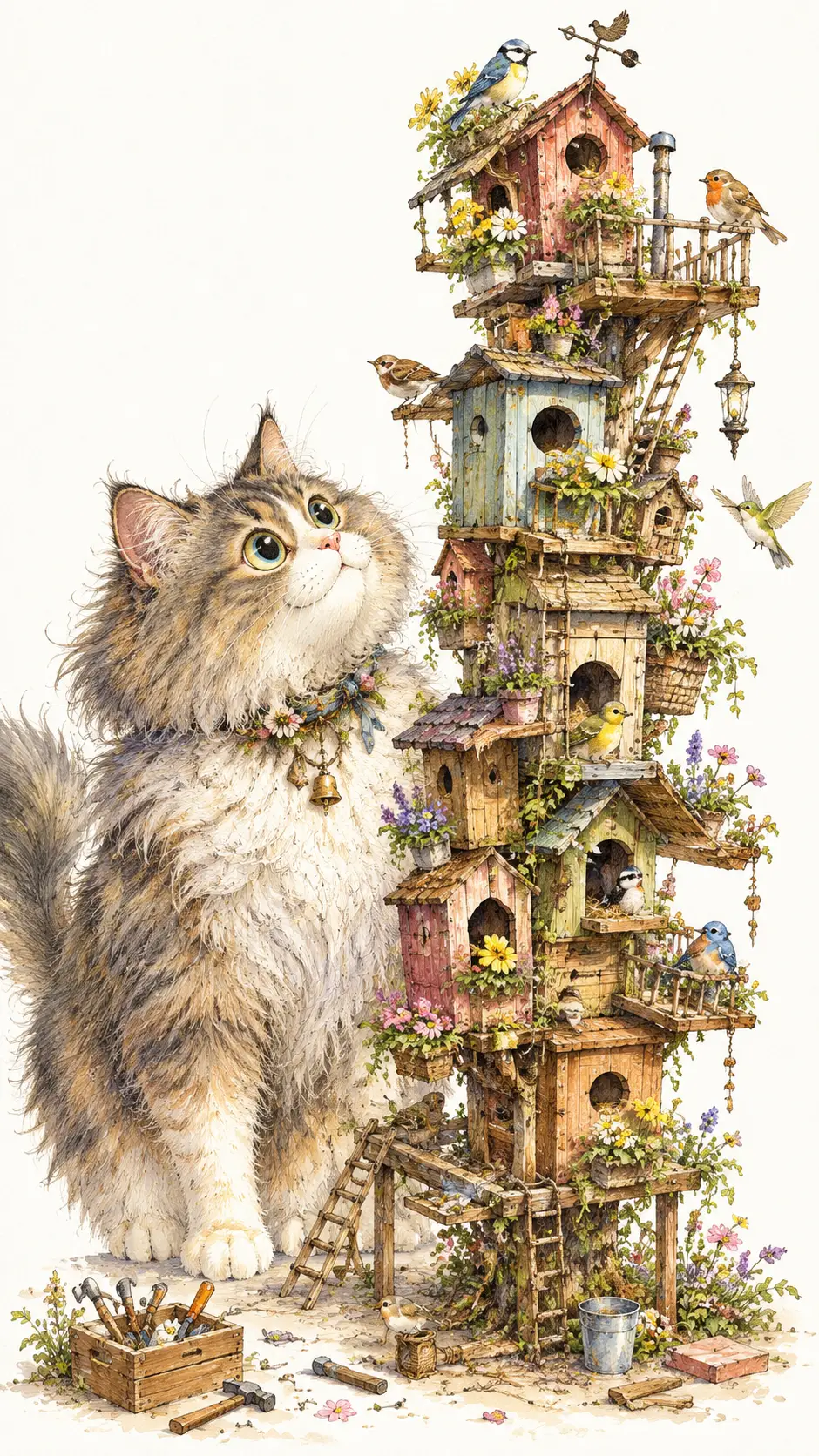 Un gato esponjoso está junto a un caprichoso hotel en miniatura para pájaros