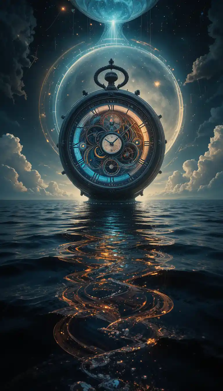 Une montre à gousset ancienne flotte au-dessus d’un océan éclairé par la lune