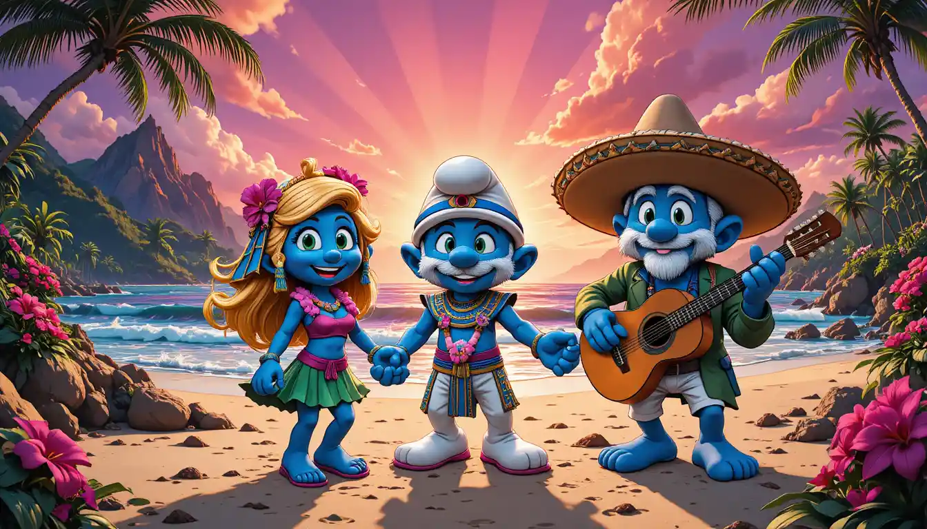 Three Smurf Characters Celebrate Together on a Tropical Beach at Sunset