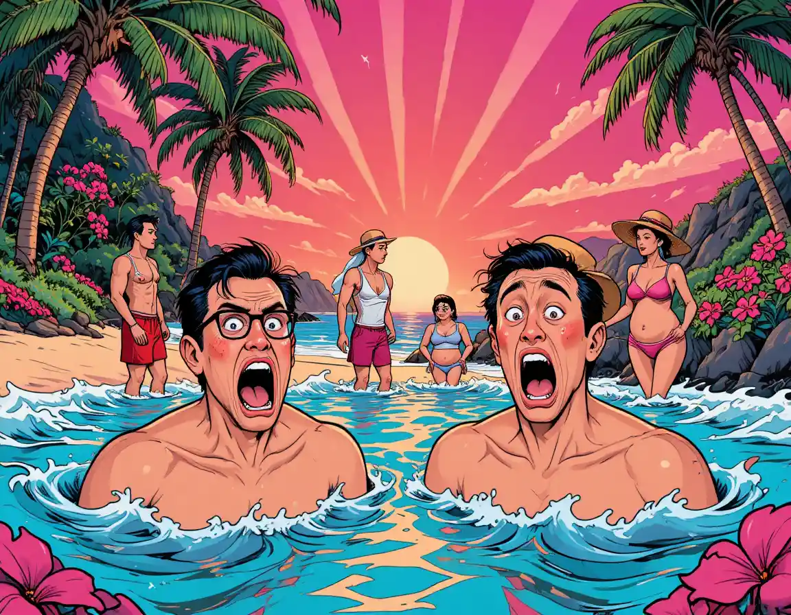 Shocked Swimmers Face a Tropical Sunset on an Ocean Beach