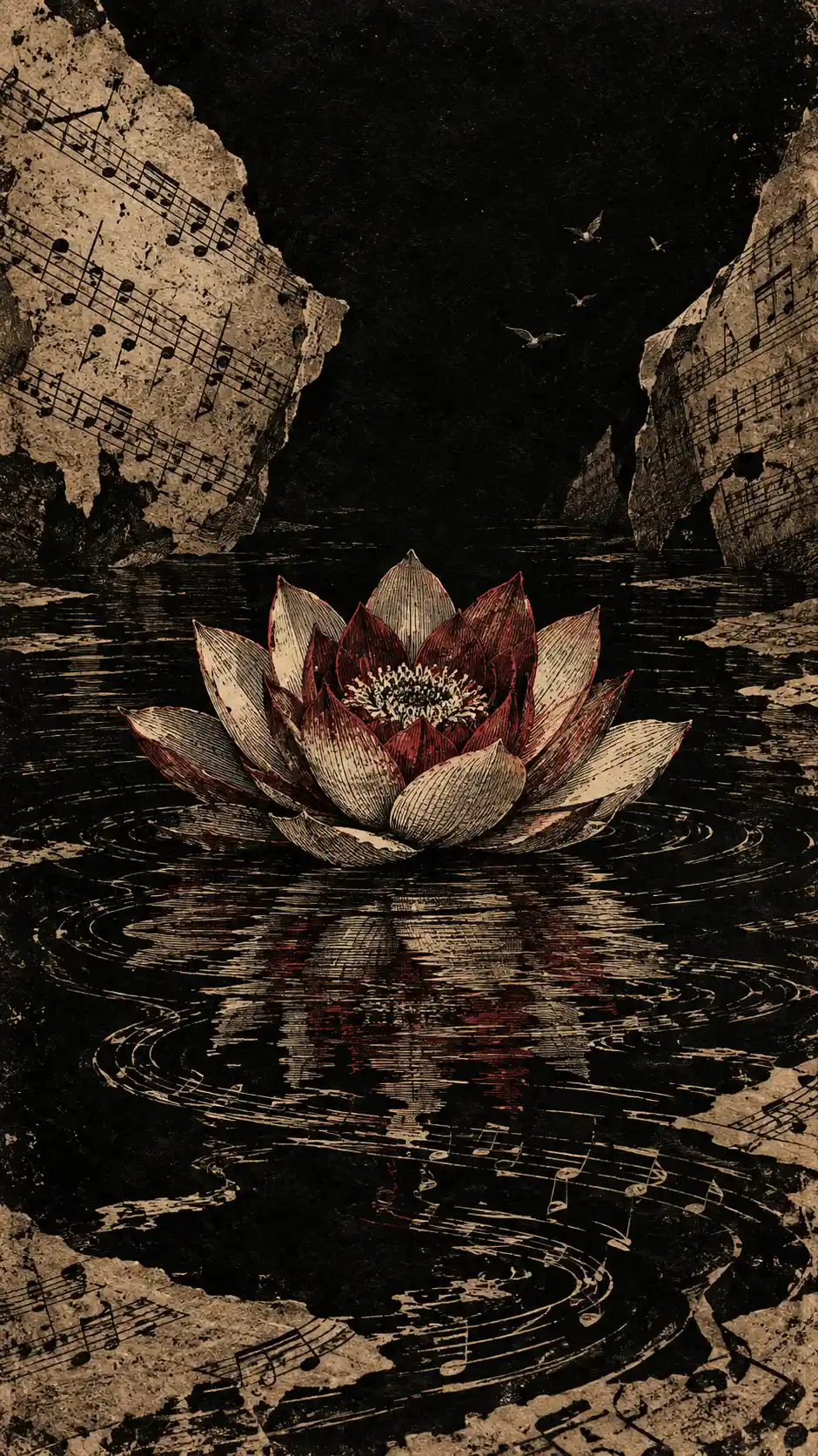 Un fiore di loto avorio e cremisi galleggia sull'acqua scura tra i riflessi di spartiti