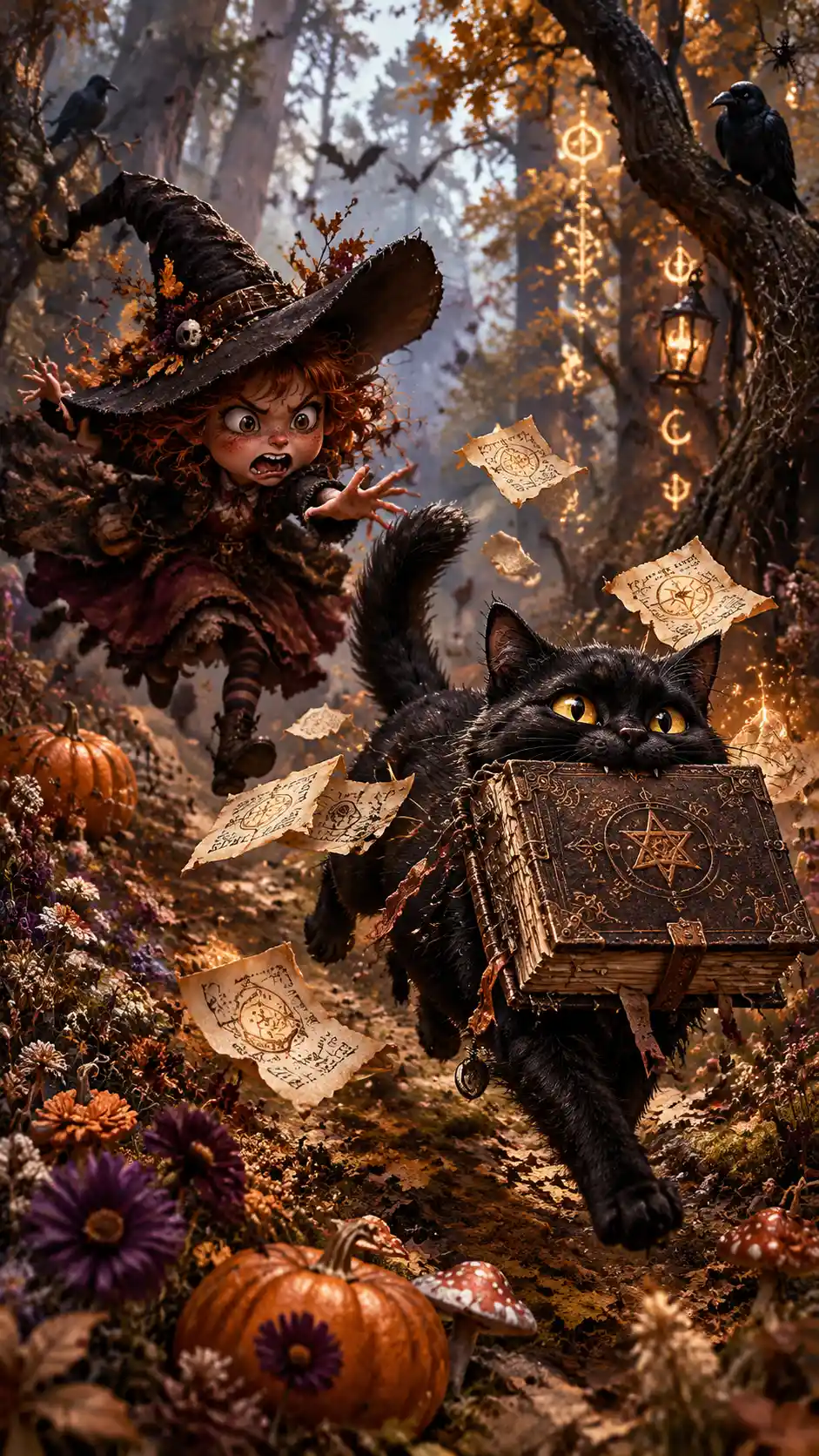 Uma pequena bruxa persegue pela clareira da floresta o gato que roubou seu livro de feitiços