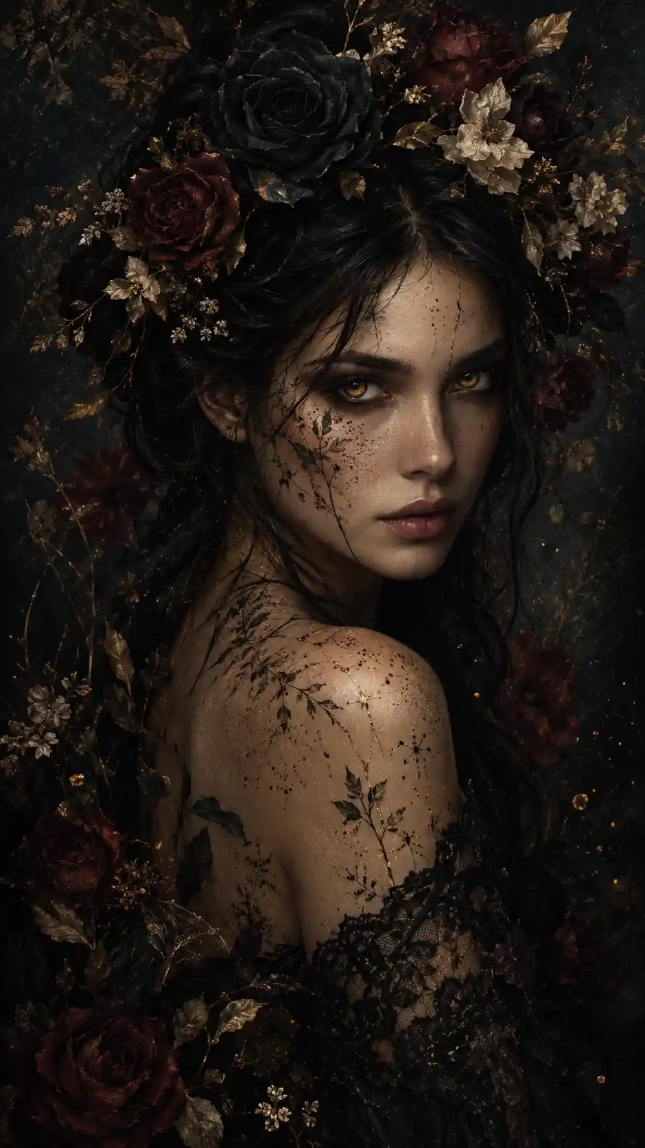 A mysterious young woman emerges from shadow wearing a crown of black roses