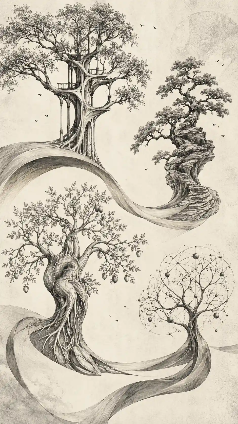 Un frutteto impossibile, con alberi che si innalzano da ampie curve nello spazio
