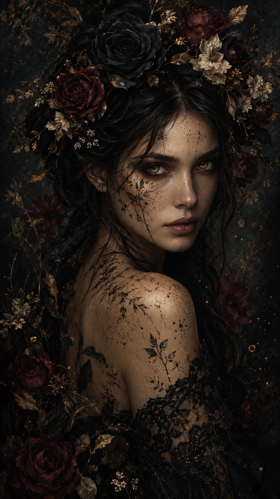 A mysterious young woman emerges from shadow wearing a crown of black roses