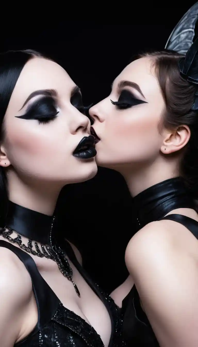 A goth girl kisses a sleeping glamorous girl on the cheek from below