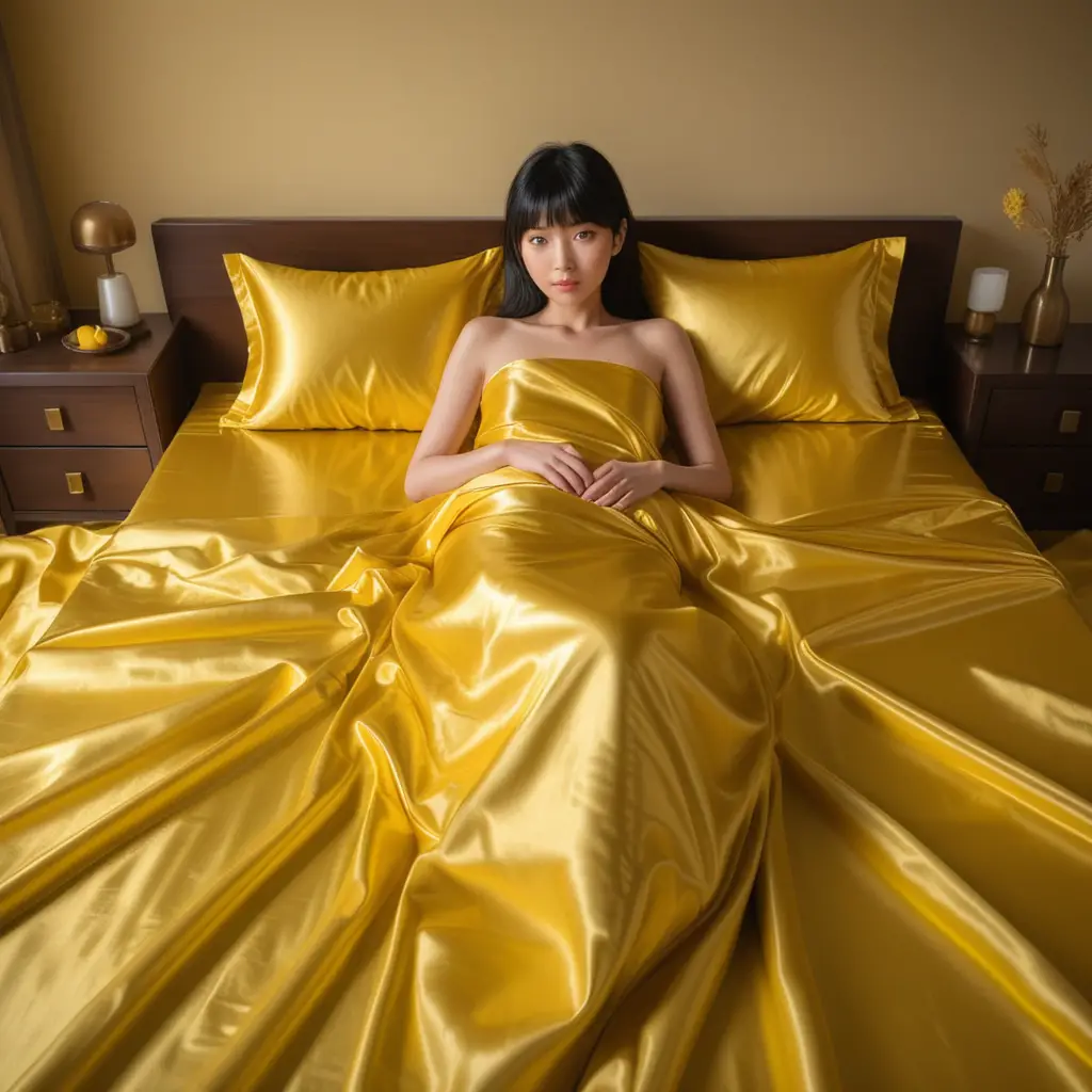 A Japanese woman lies beneath glossy satin bed covers