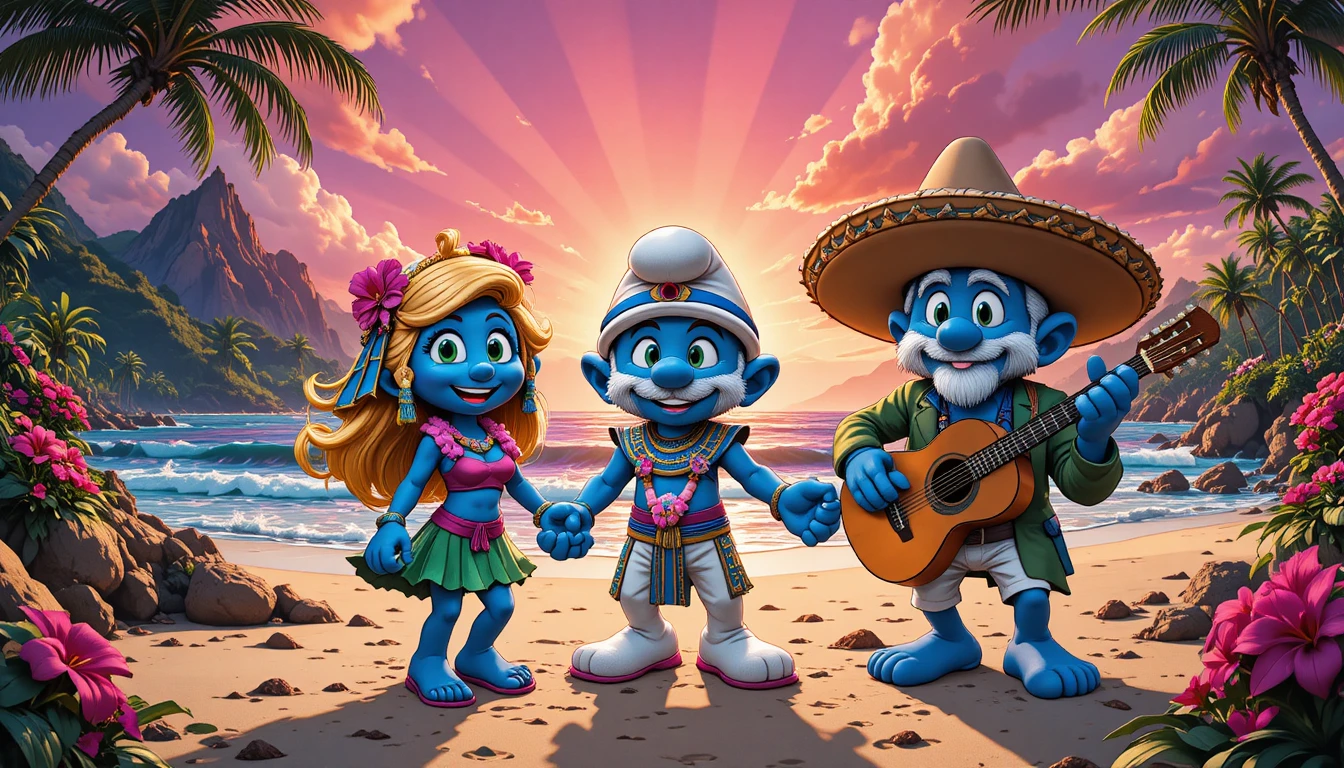 Three Smurf Characters Celebrate Together on a Tropical Beach at Sunset