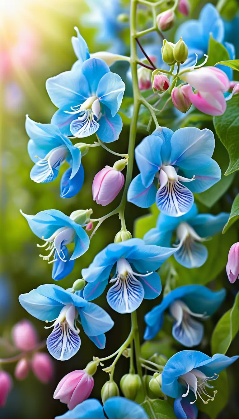 Cascading blue and pink flower clusters on a lush outdoor vine