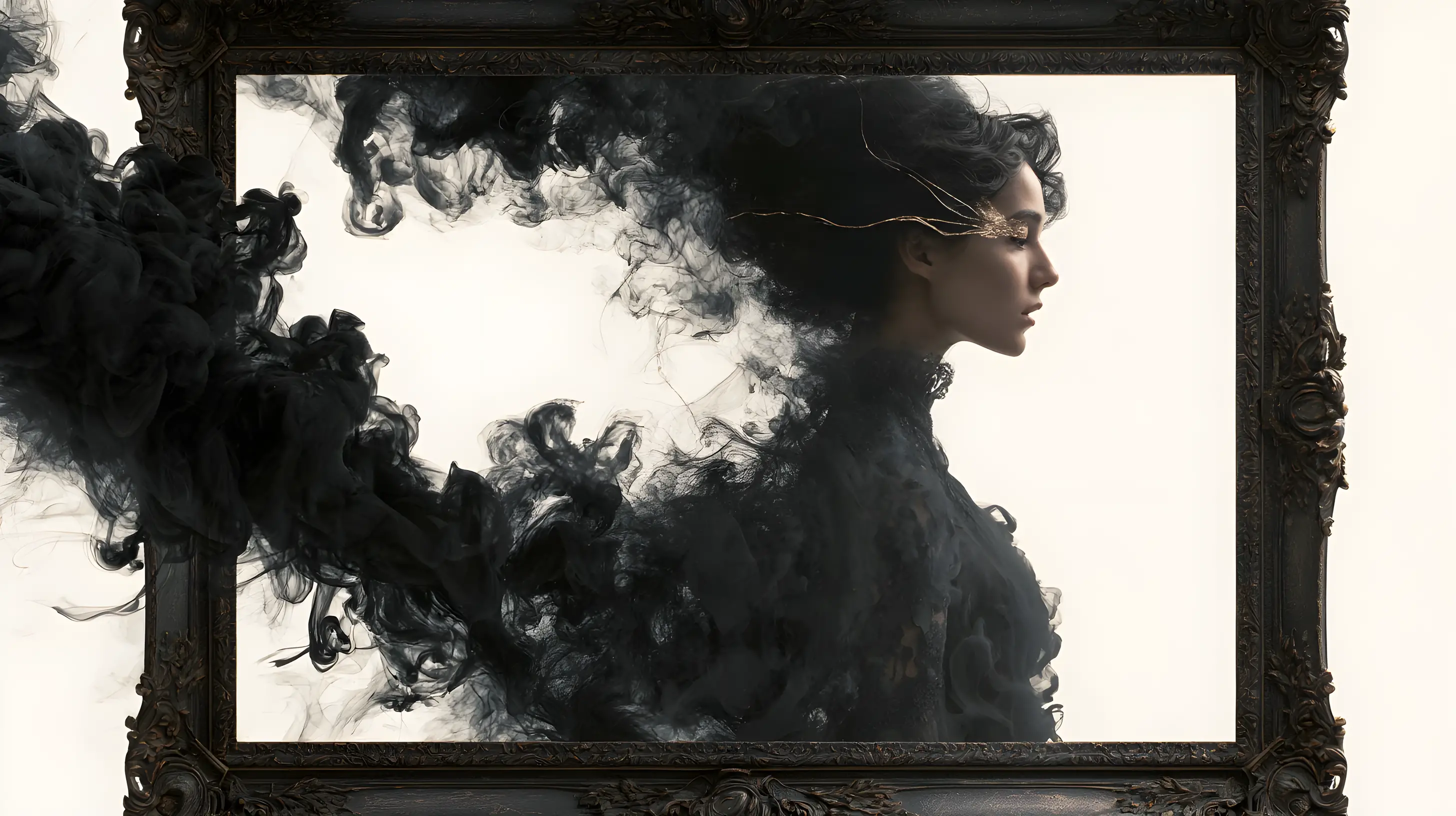 A gothic woman's profile framed by baroque ornament and escaping ink smoke