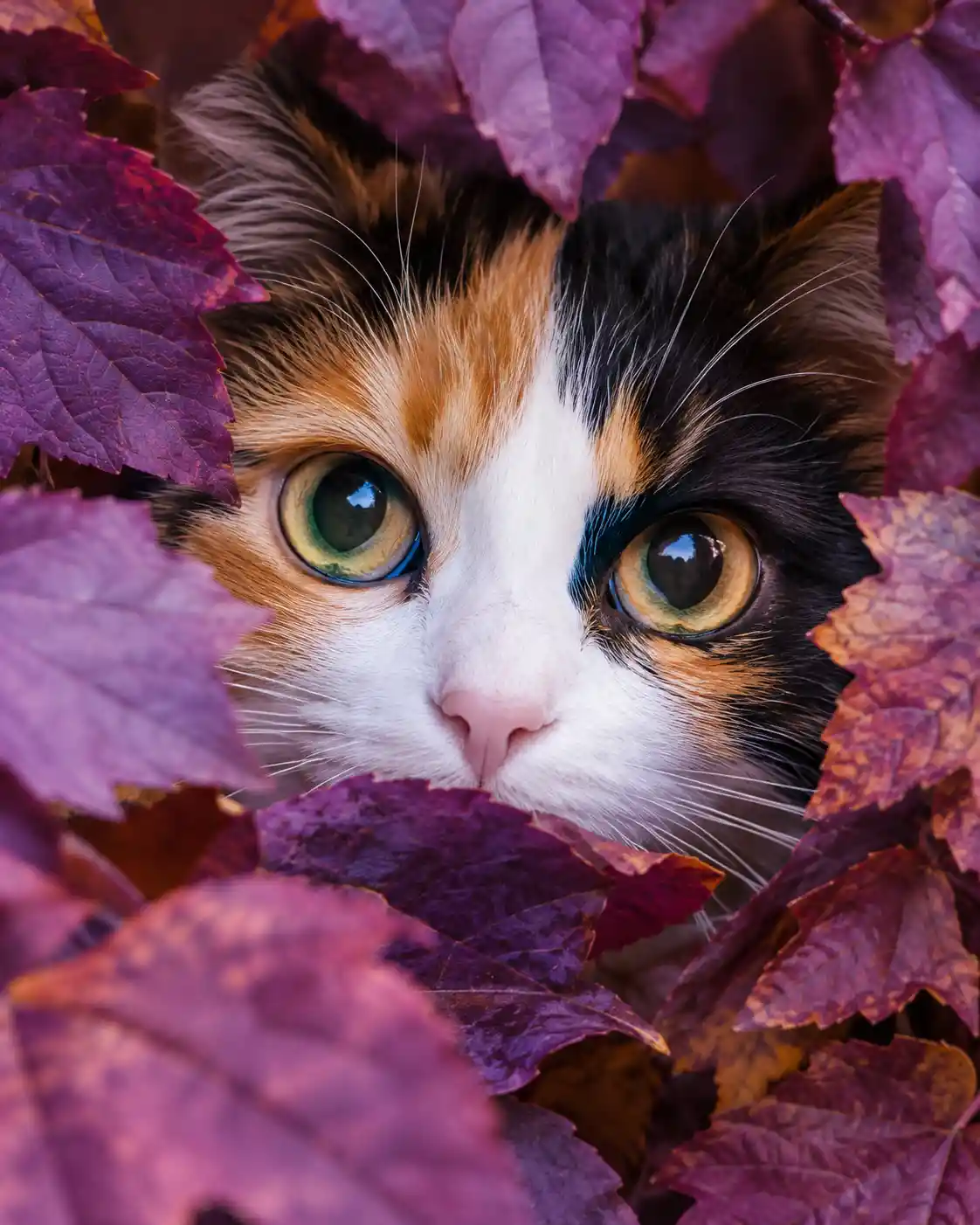 Un gatto calico fa capolino tra una cornice di foglie autunnali viola