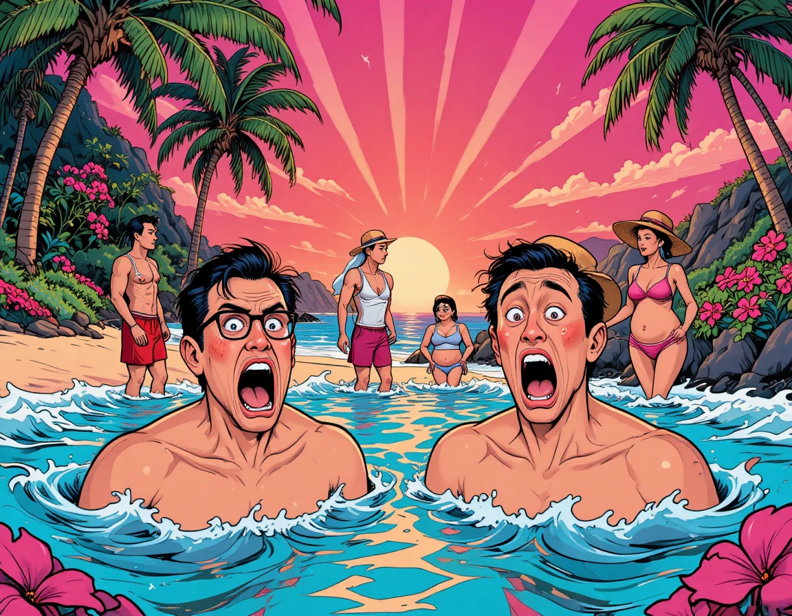 Shocked Swimmers Face a Tropical Sunset on an Ocean Beach