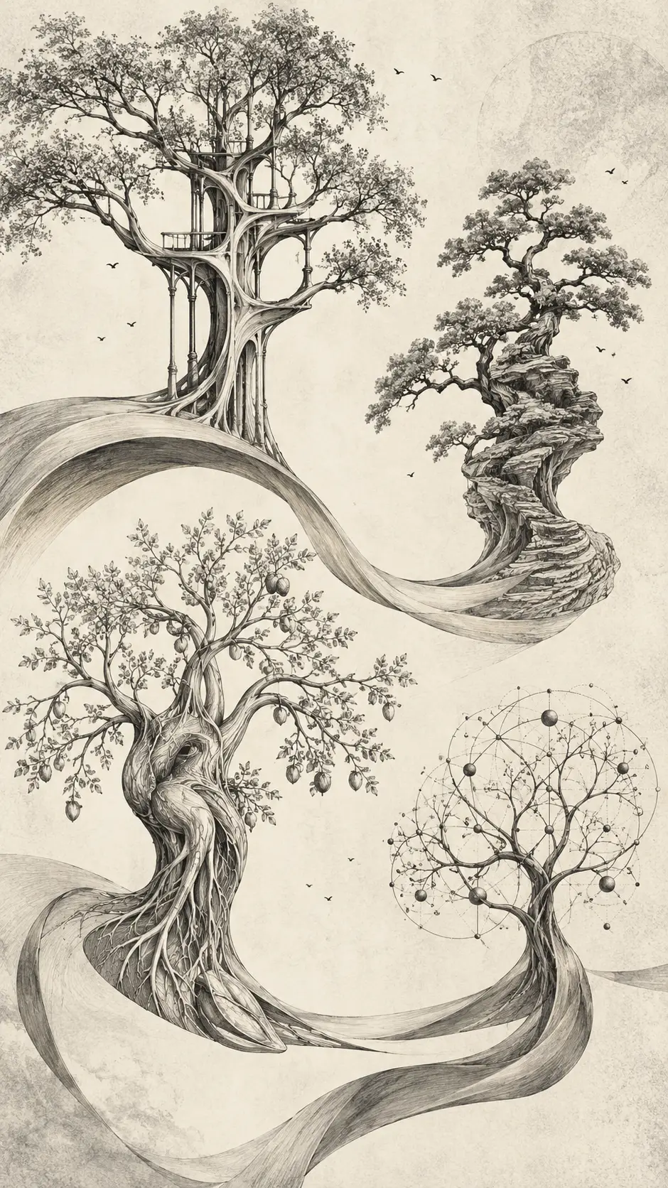 Un frutteto impossibile, con alberi che si innalzano da ampie curve nello spazio