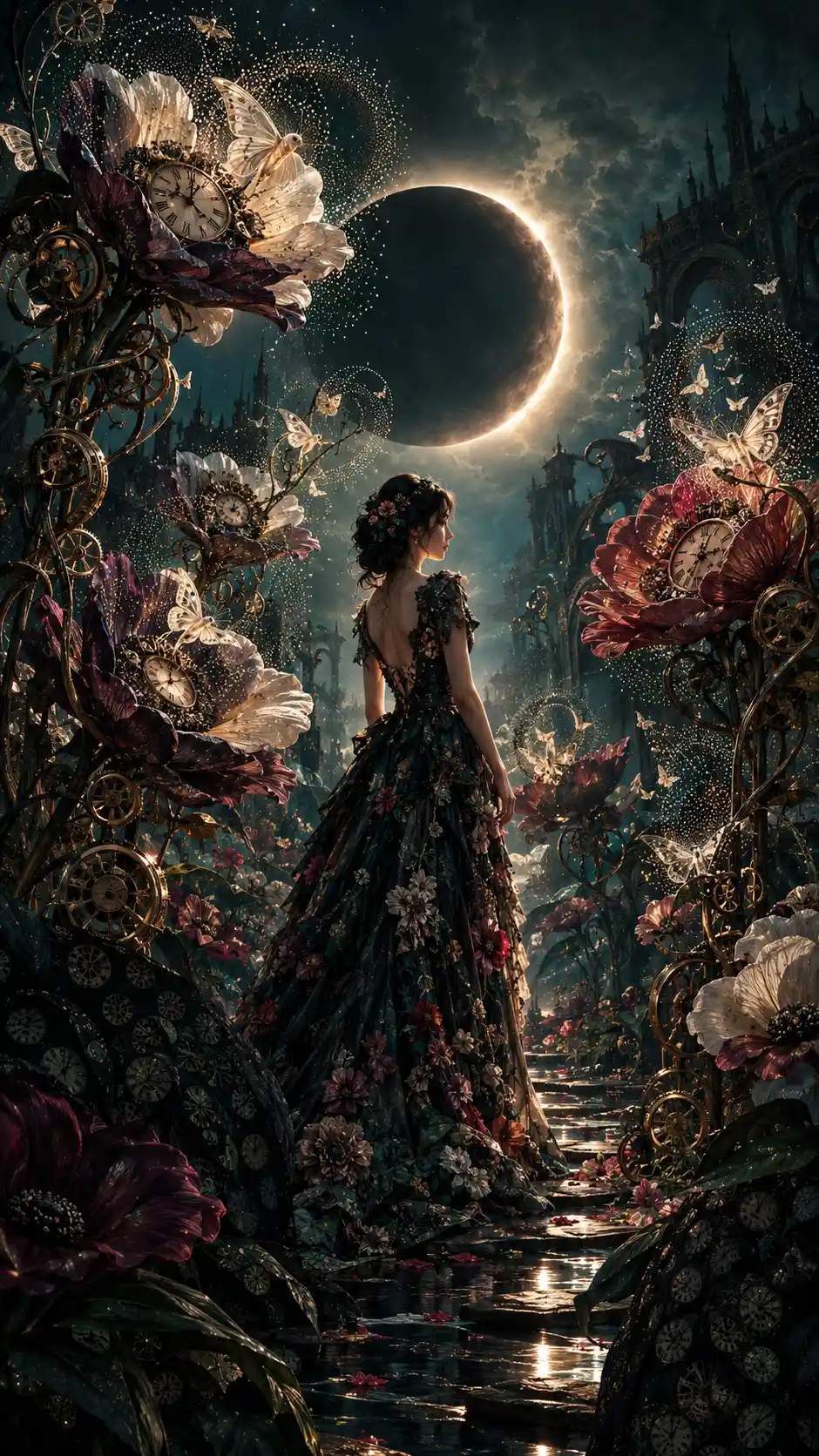 A woman stands in a surreal garden of flowers and clockwork