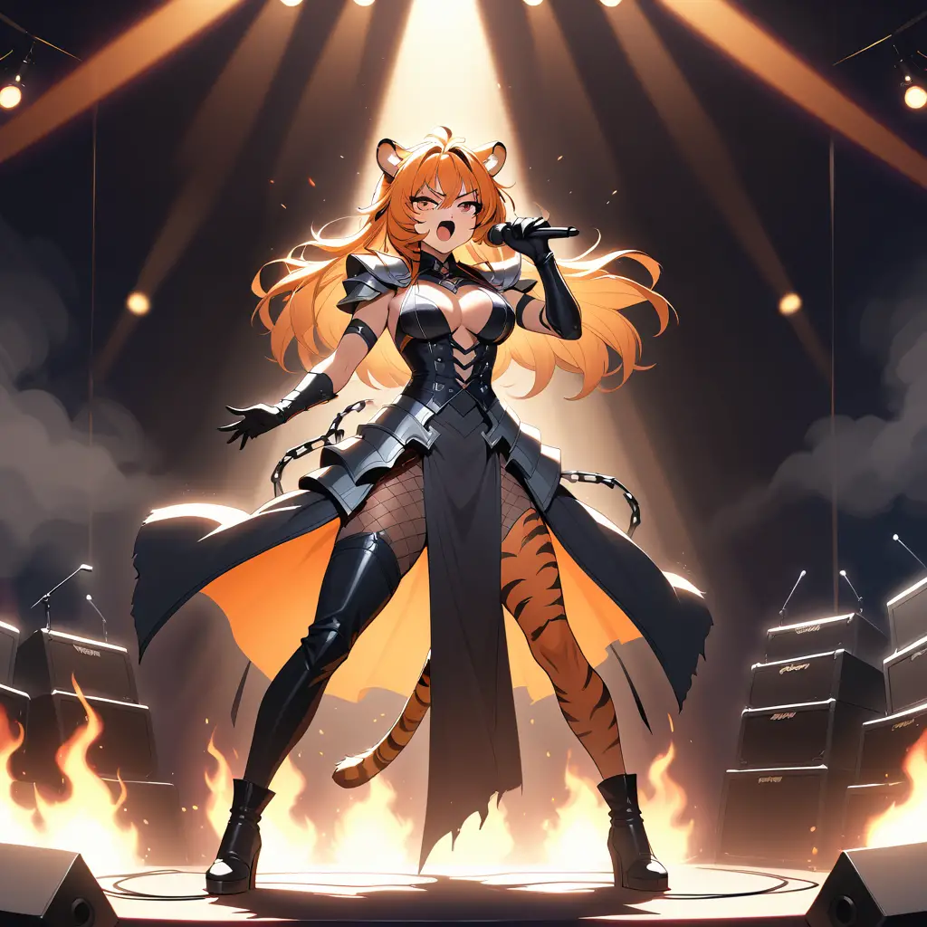 A tiger woman sings at center stage during a fiery rock concert