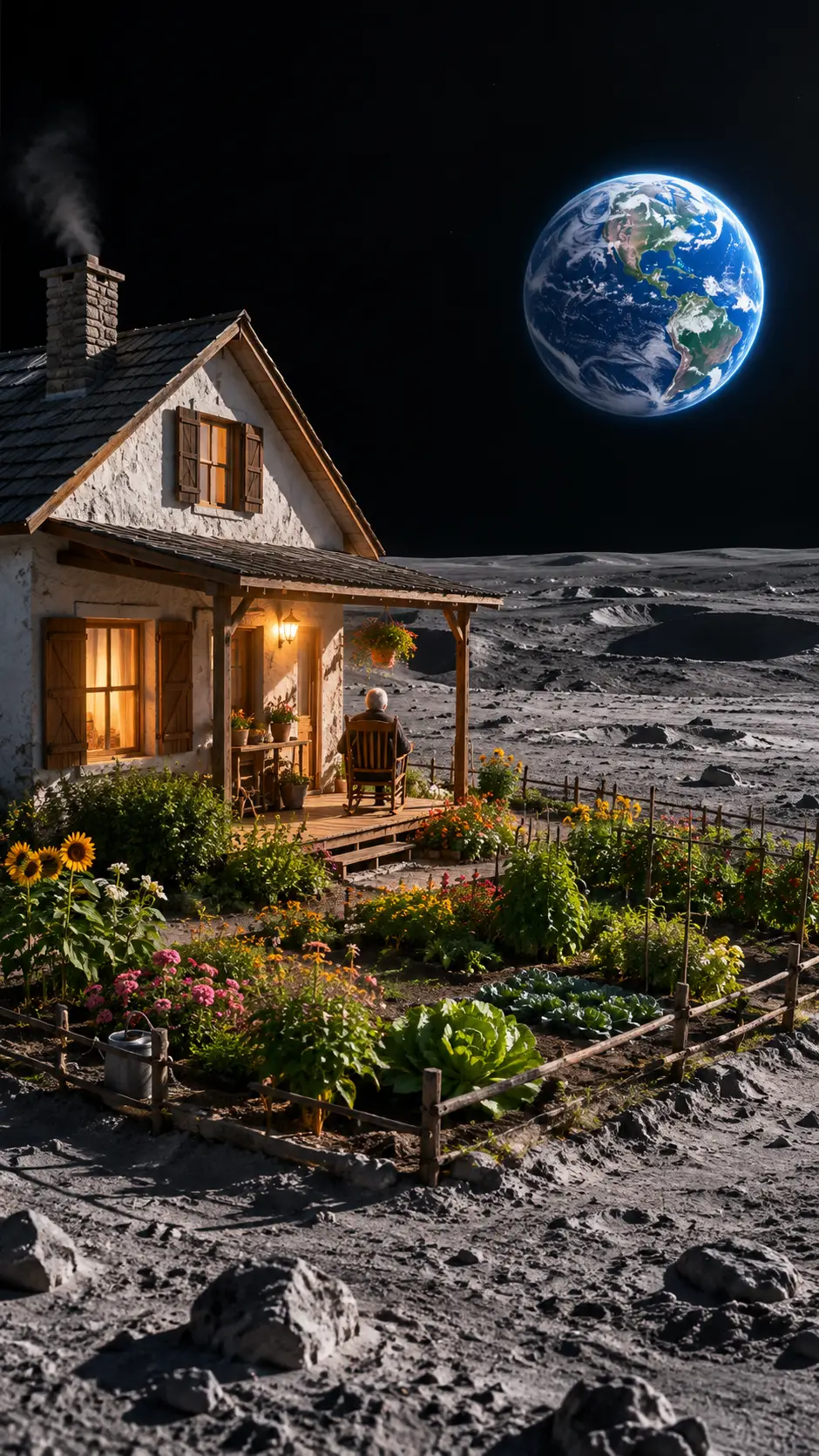Un anziano osserva la Terra da un cottage sulla Luna