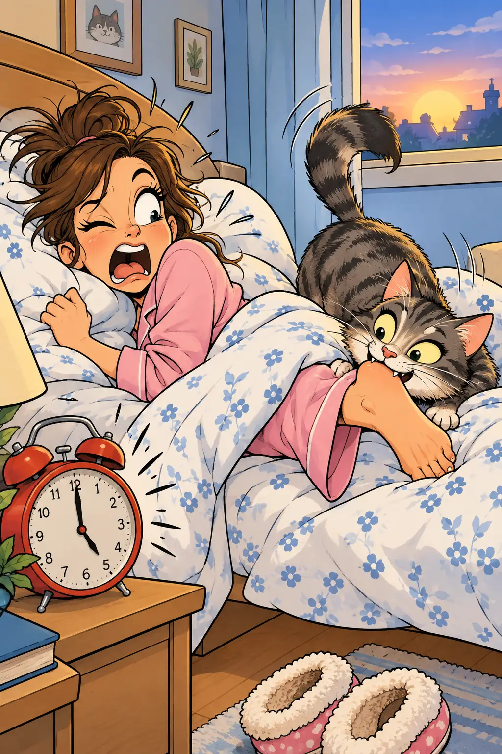 A Cartoon Cat Bites Its Owner’s Heels in a Playful Comic Scene