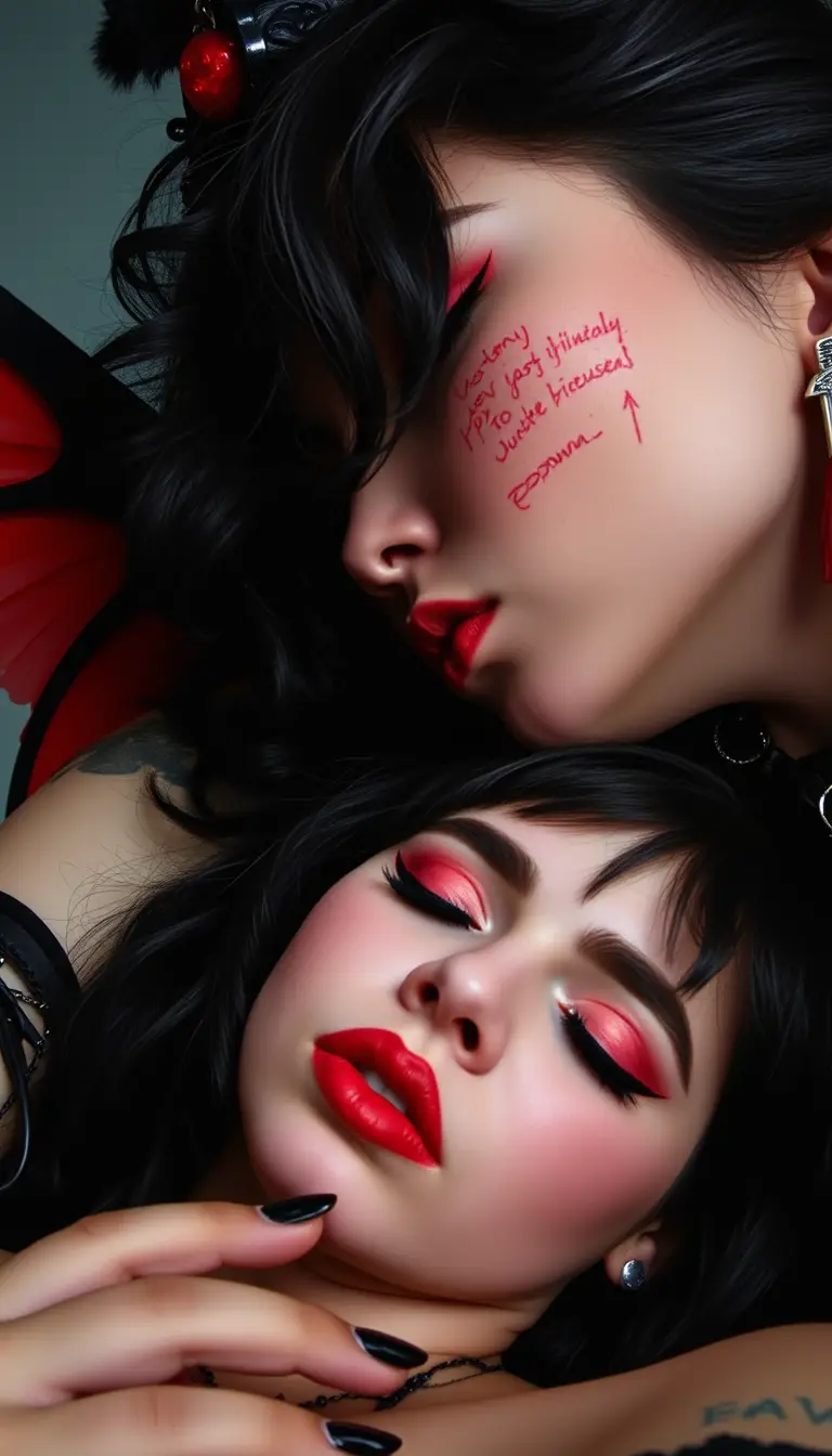 A goth girl wearing red winged eyeliner and matching lipstick