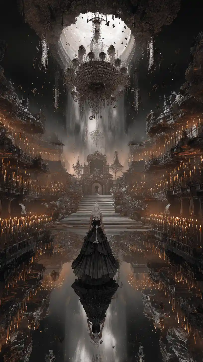 An abandoned Victorian ballroom floats upside down above a black ocean