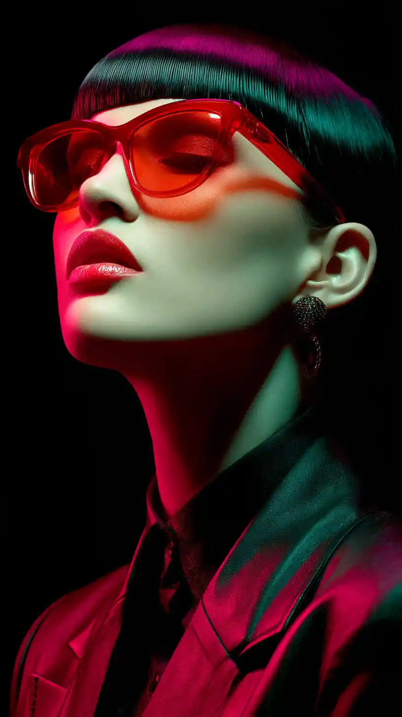 Eine glamouröse Frau mit roter Visierbrille und violettem Bob