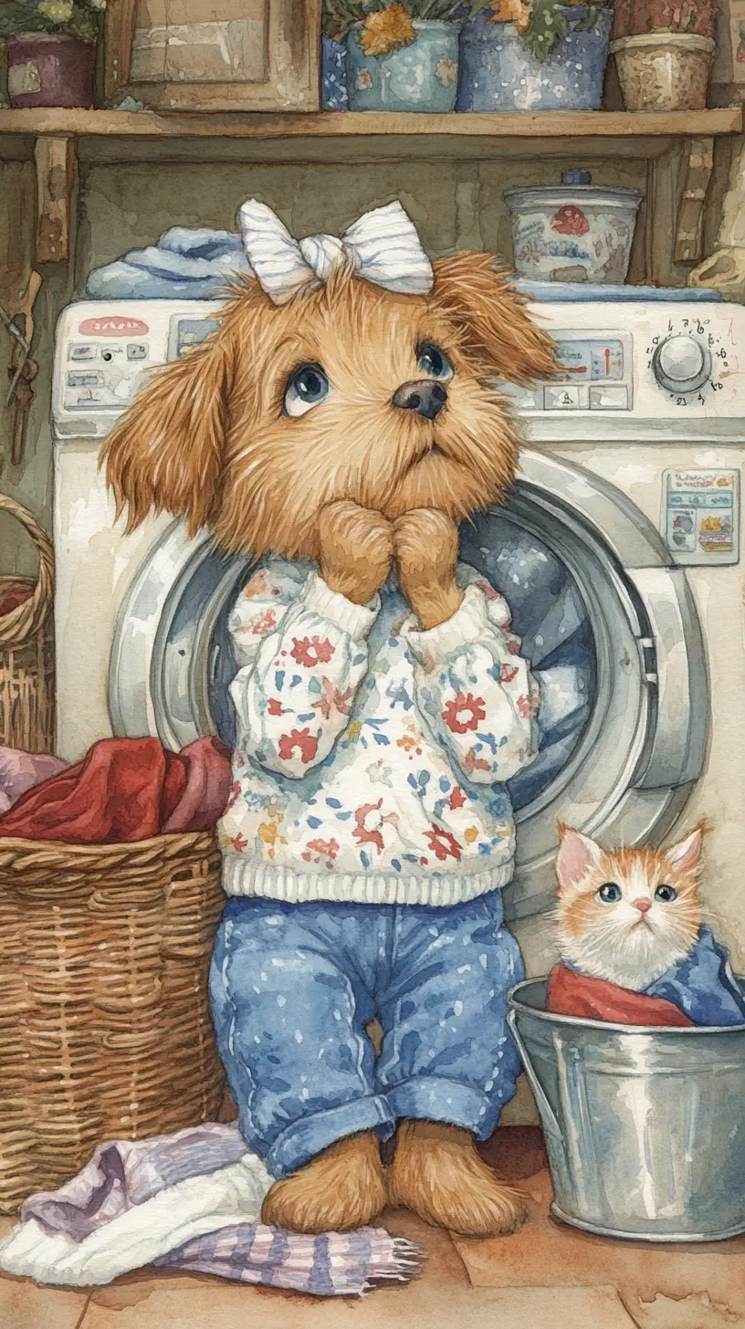 A tousled puppy sits dreamily before a washing machine