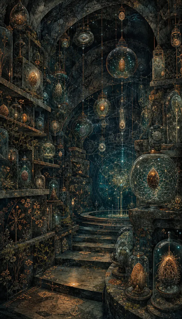 Suspended seeds glow inside a surreal underground vault