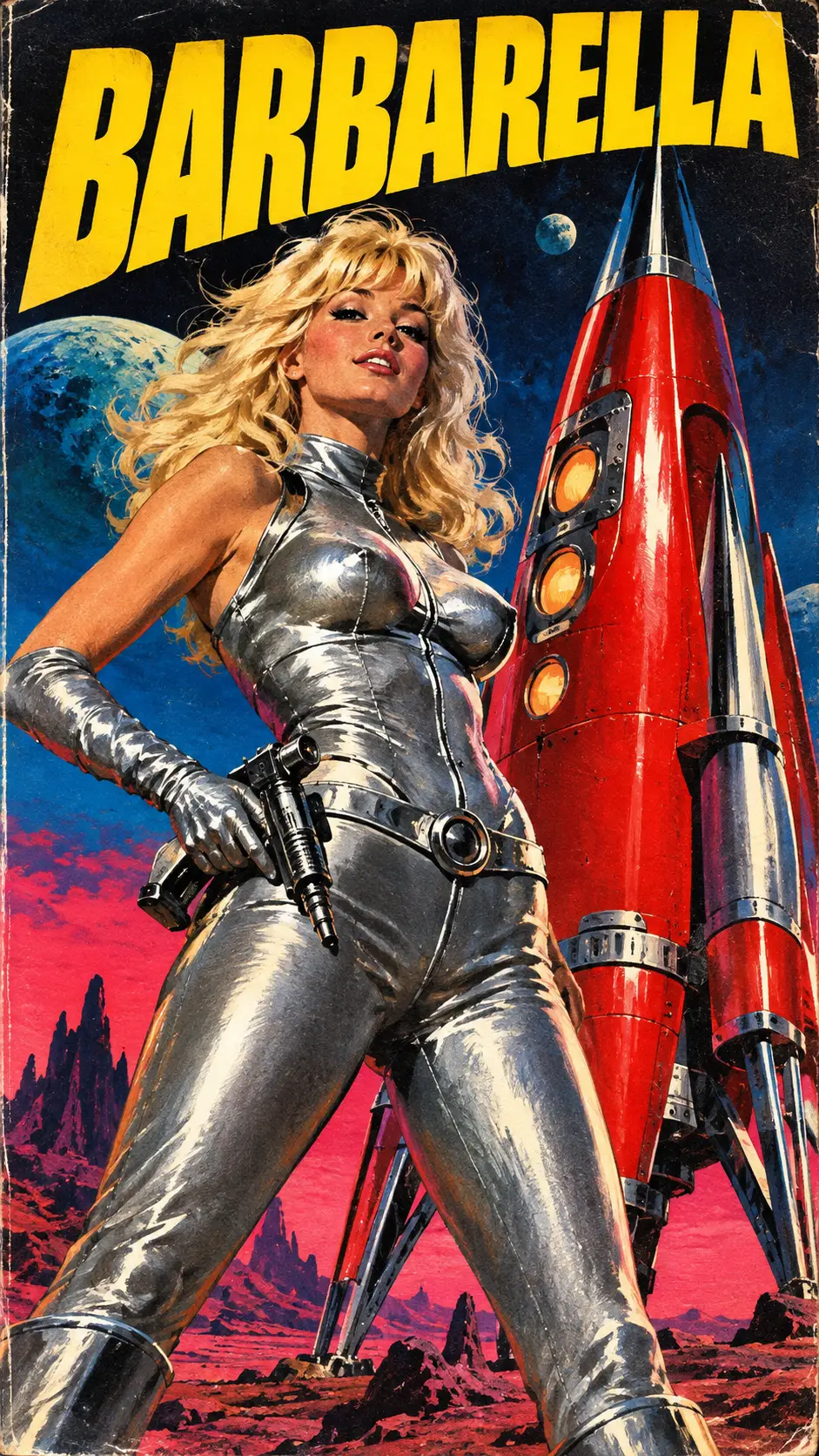 A confident woman poses before a chrome spaceship on an alien plain