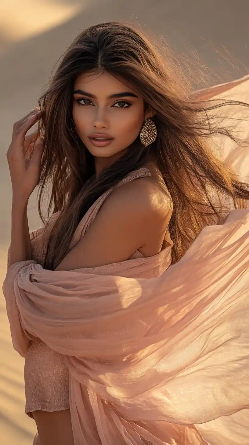 An Indian Woman Poses Amid Desert Dunes In Flowing Pink Beachwear