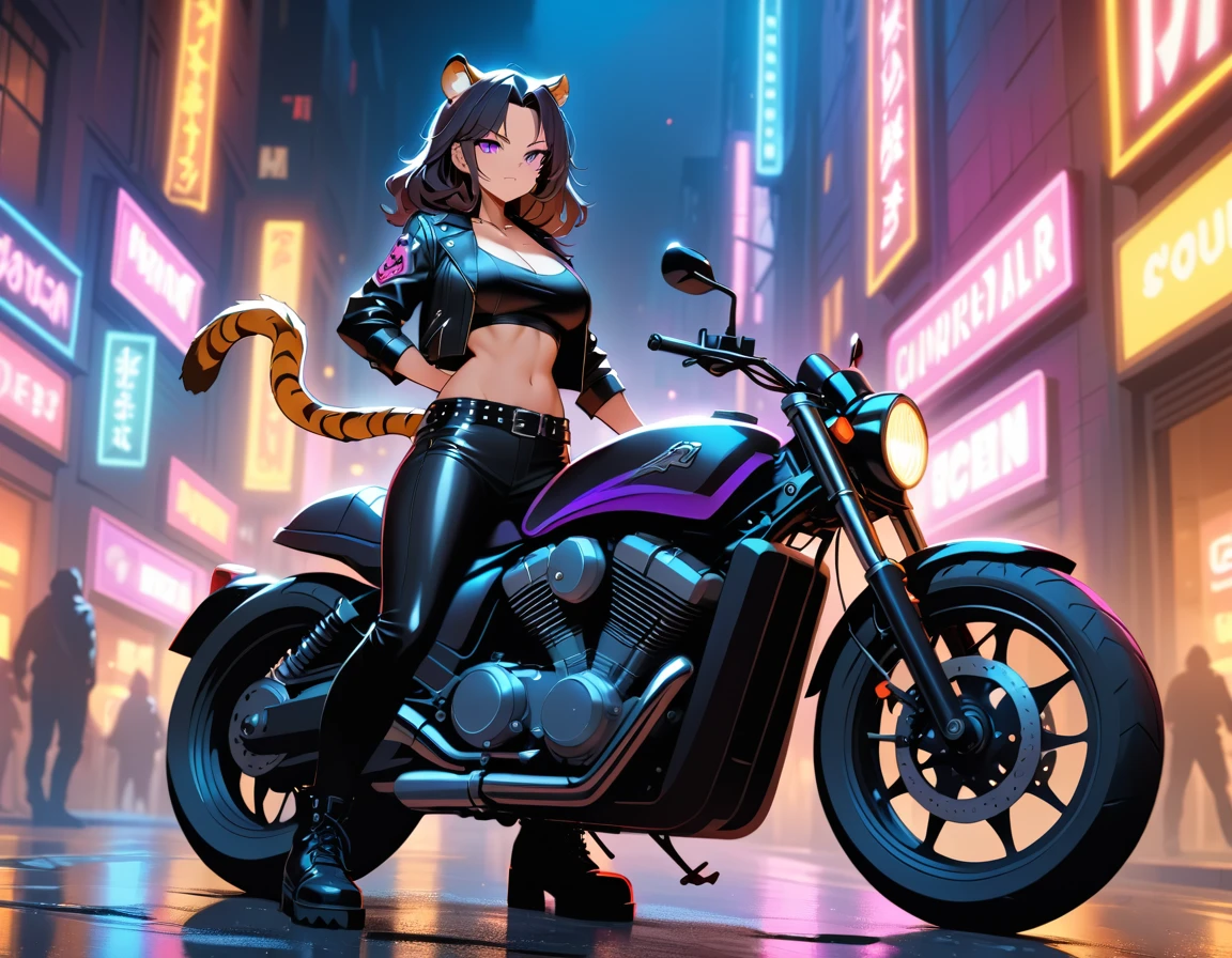 Una donna tigre è accanto a una moto su una strada cittadina illuminata dai neon