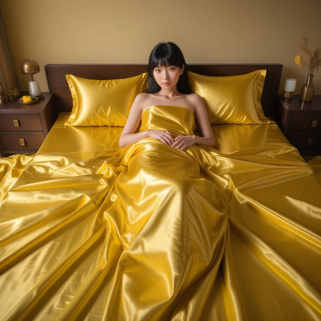 A Japanese woman lies beneath glossy satin bed covers