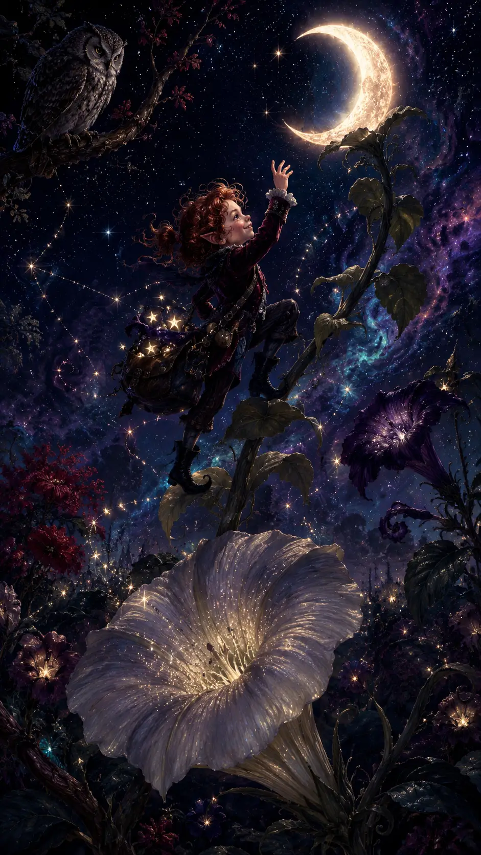 A fae thief climbs a moonflower toward a crescent moon