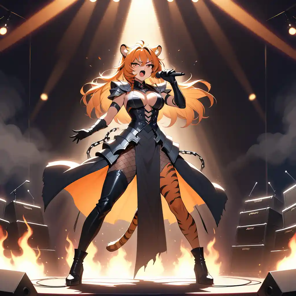 A tiger woman sings at center stage during a fiery rock concert